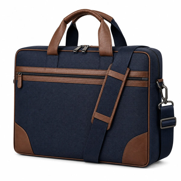 Elegante Laptop-Tasche 15 Zoll Blau/Braun mit Schulterriemen