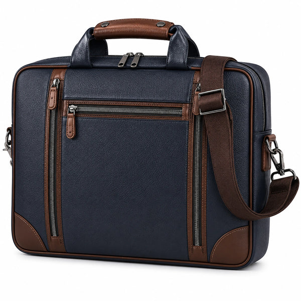 Elegante Herren Aktentasche in Blau und Braun mit Reißverschluss