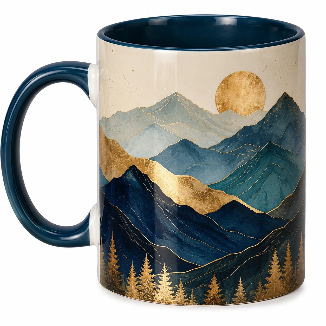 Keramiktasse mit Bergmotiv 350ml in Blau und Gold