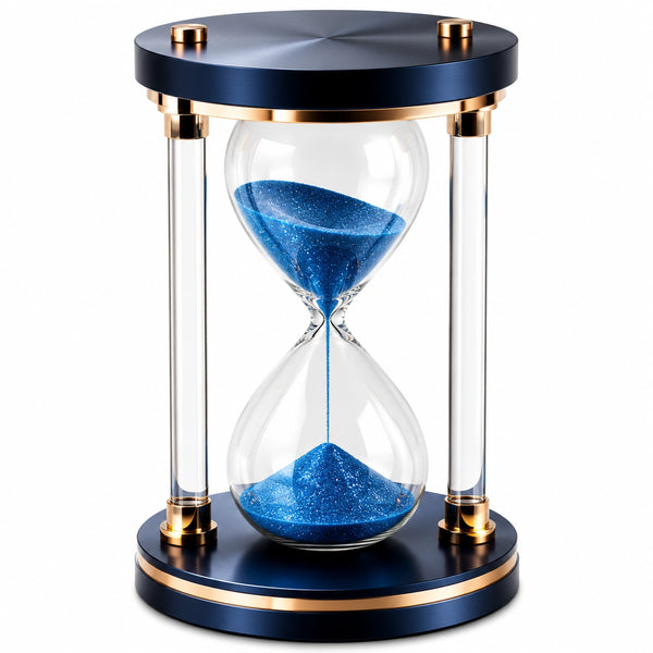 Elegante Sanduhr mit blauen Sandkörnern und goldenen Akzenten