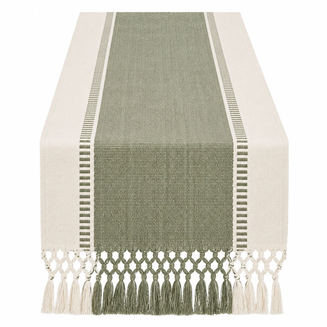 Tischläufer Grün Beige mit Fransen 180x40 cm