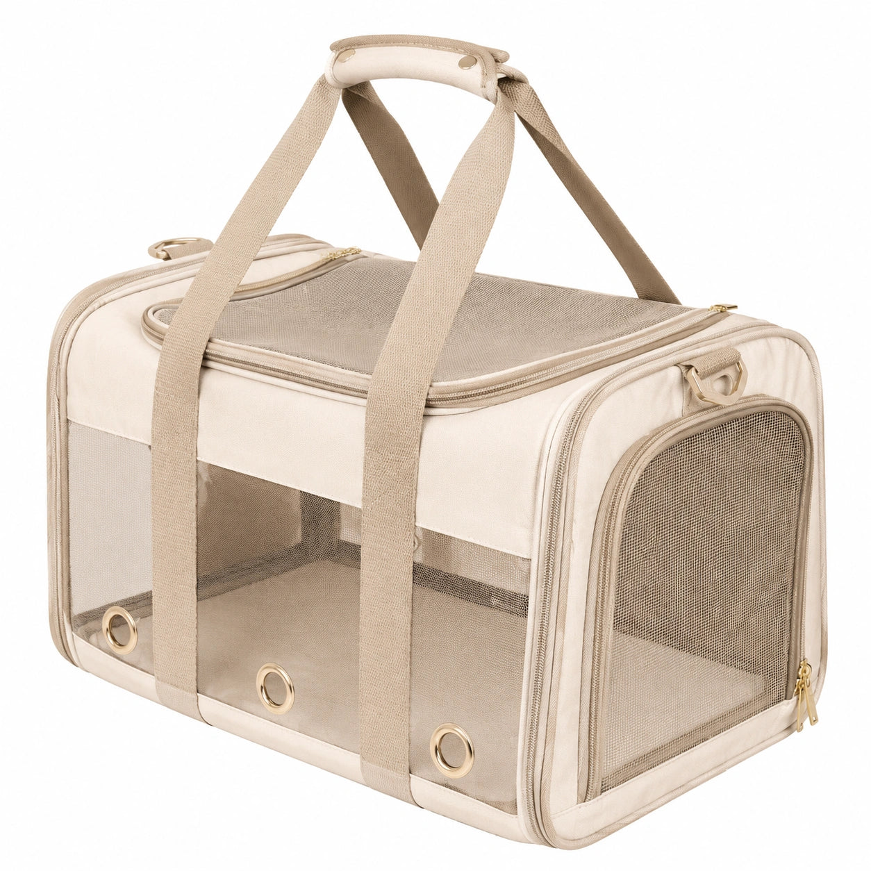 Haustier-Transporttasche Beige mit Netzfenstern und Tragegriffen
