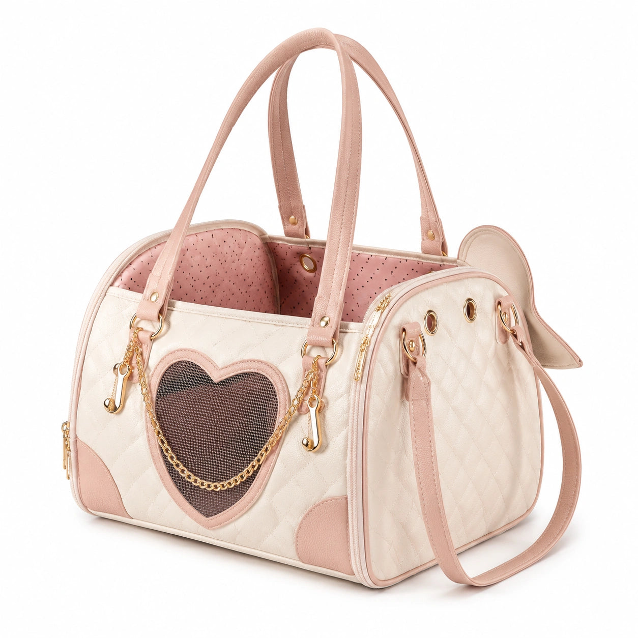 Luxuriöse Haustier-Tragetasche mit Herzdesign, Beige und Rosa